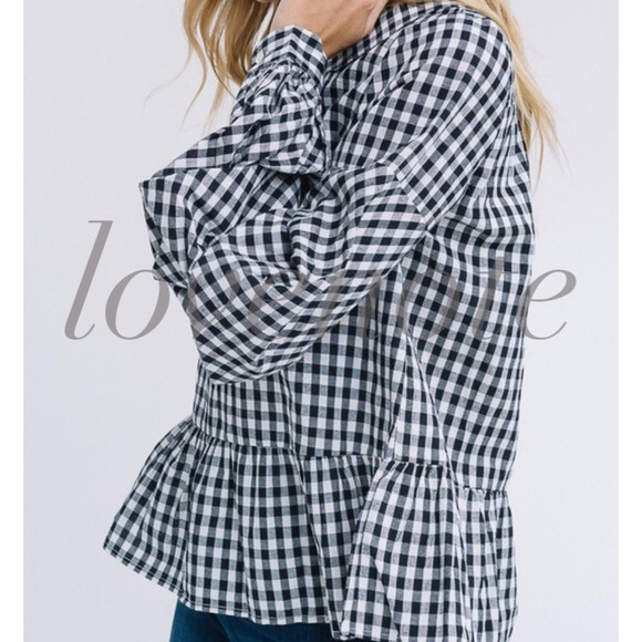 COTTON GINGHAM LONG RUFFLE SLEEVE TOP TIE BACK - Picture 4 of 7